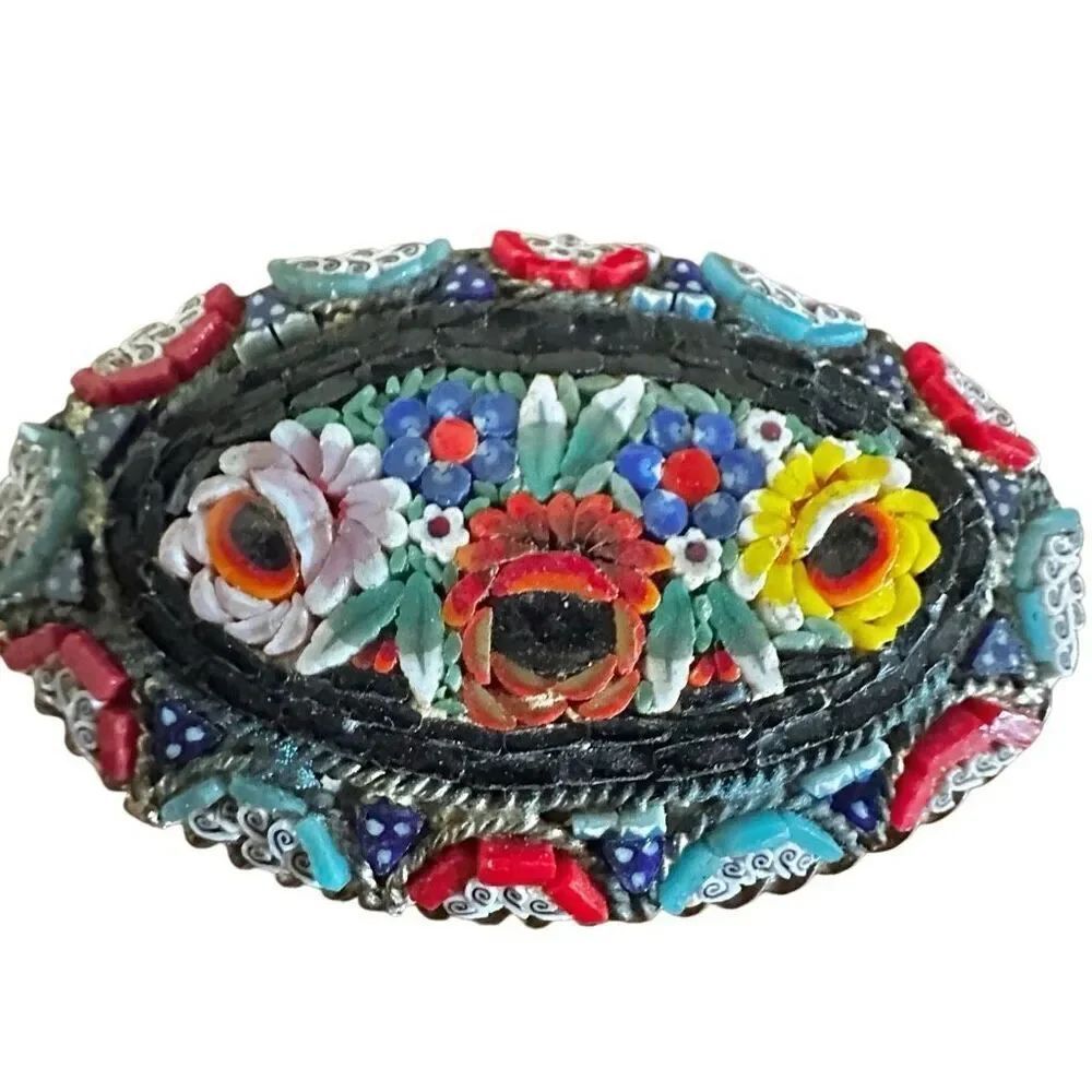 Italian Mosaic Tile Oval Colorful Millefiori Floral brooch
